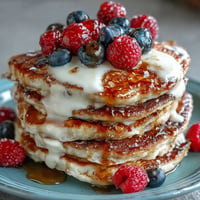 Golden Icelandic Skyr Pancakes stacked high, ready with berries and syrup.